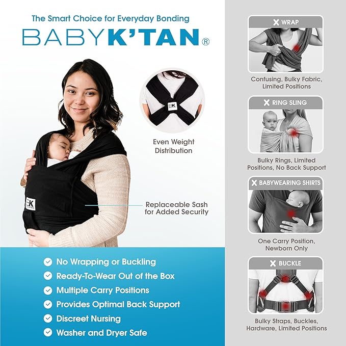 Original Baby K'tan Baby Carrier: #1 Easy Pre-Wrapped, Soft, Slip-On, No Rings, No Buckles | 5 in 1 Baby Sling Gift | The Best Hands Free Infant Wrap | Black | Medium