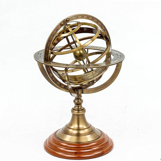 Antique Vintage Zodiac Armillary Brass Sphere Globe Wooden Display | Pirate's Antique Ship Decor | Nagina International (Large, Antique Brass)