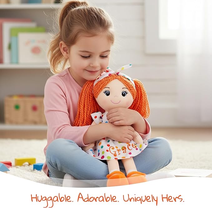 June Garden Personalized Bella Doll – Embroidered Name Soft Plush Doll – Custom Gift for Girls – Choose Name, Font & Thread Color – Available in 14", 18", and 23" Sizes