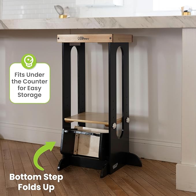 Little Partners Foldable Toddler Tower, Learning Tower Explore 'N Store Montessori Standing Kitchen Tower with Folding Step Stool Platform for Cooking and Learning, Ages 2+ (Charcoal)