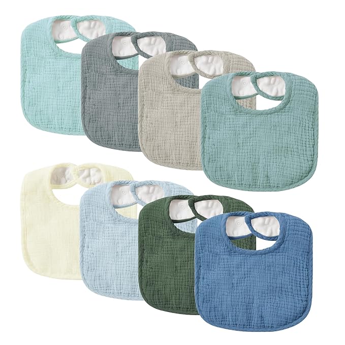 JELLYMONI Muslin Baby Bibs 8 Pack Baby Bandana Drool Bibs for Unisex Boys Girls, 100% Cotton Solid Colors Soft Square Teething Bibs for Newborn