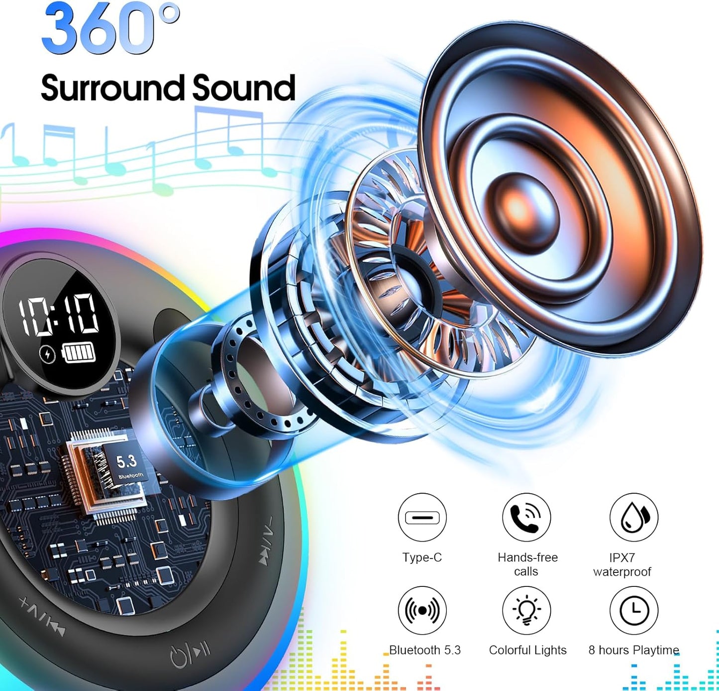 Bluetooth Speaker, HD Stereo Sound Shower Speaker, IPX7 Waterproof, Digital Display Portable with Suction Cup, LED Light, Small Wireless for Outdoor Party Beach Bathroom, Blue