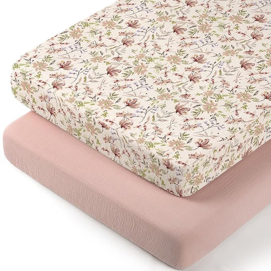 lulumoon Baby Bassinet Sheets Muslin: Cotton Bedside Bassinet Sheets Floral for Girls - Fitted for Bedside Sleeper Mattress