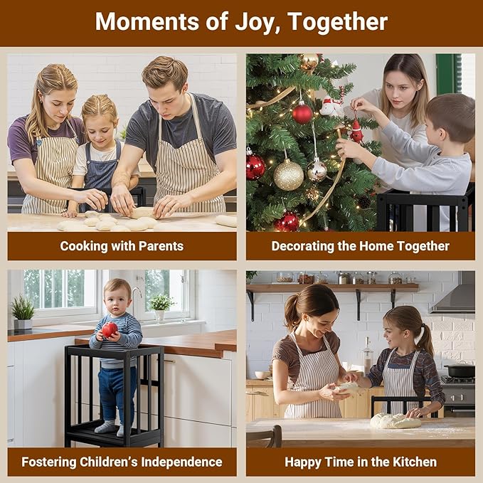 COSYLAND Kitchen Tower for Toddlers with Anti-Tip Support – Lightweight Toddler Kitchen Stool Helper for Bathroom Living Room Dining Room – Solid Bamboo Standing Tower (Black)