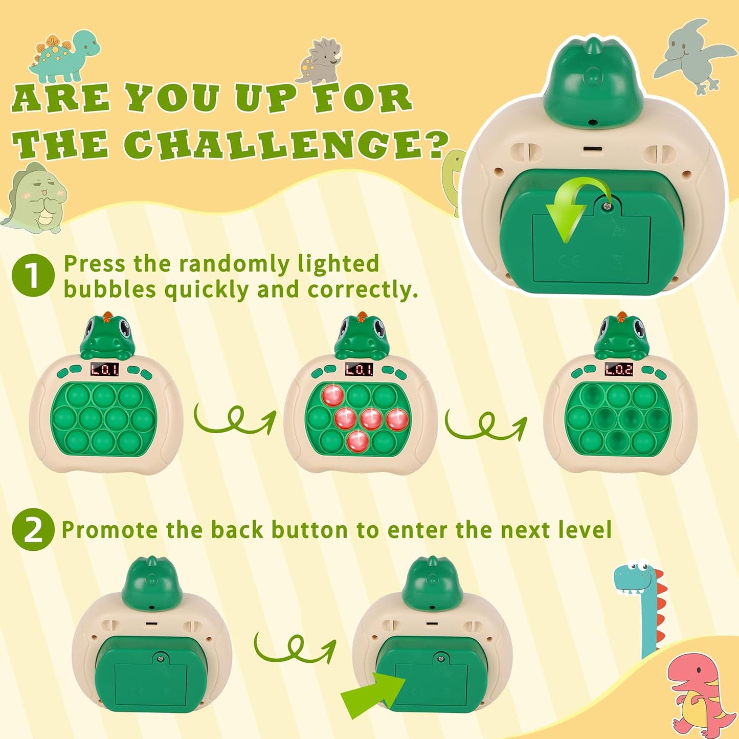 Upgraded Fast Quick Game Pop Bubble Up Toys for Kids, Funny Toys with LED Screen for Kids 3-12 for Girls and Boys Bubble Stress,Handheld Puzzle Game Sensory Toys(Batteries Included) (Green Dinosaur)