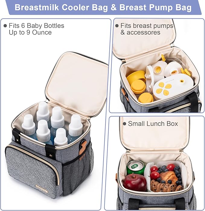 Breastmilk Cooler Bag with Ice Pack Fits 6 Baby Bottles up to 9 Ounce, Breast Milk Pump Cooler Bag for Nursing Mom Daycare, Work, Travel-Grey