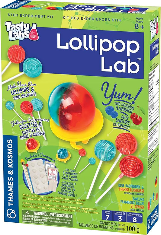 Thames & Kosmos Lollipop Lab STEM Experiment Kit | Make Yummy Red Cherry & Blue Raspberry Lollipops & Ring Lollipops | Explore Chemistry & Math | Includes Real Candy Thermometer, 2-Language Ver, EN/FR