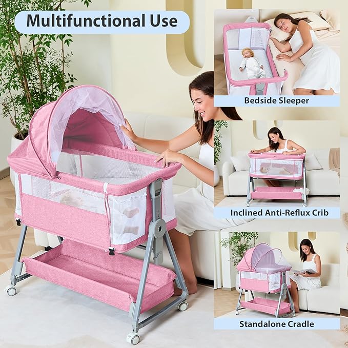 3-in-1 Baby Bassinet Bedside Sleeper with Wheels Bedside Bassinet for Newborn and Infant with Mattress and Storage Basket | Adjustable Height & Angle (13.5-18") | ASTM/CPSIA Certified (Pink)