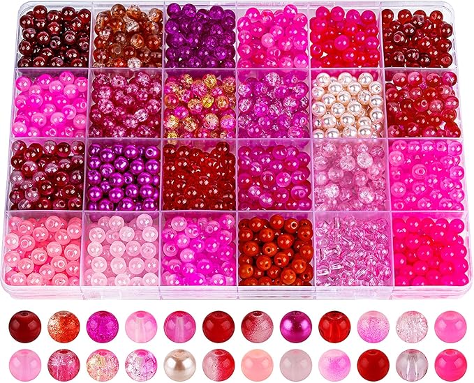 XSEINO About 1200PCS 6mm Glass Beads Bracelet Making Kit,24 Assorted Red and Pink Series Colorful Crystal Beads for Bracelet and Jewelry Making and DIY Crafts,Friendship Bracelets