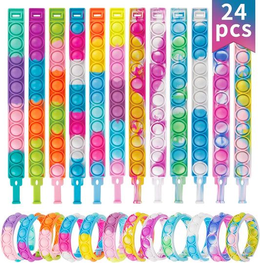 Pop Fidget Toys Bulk Its Kids Party Favors 24PCS Pop Fidget Bracelets It Fidget Toy Pack Fidgets for Classroom Prizes End of Year Student Gifts Birthday Goodie Bag Stuffers Sensory Toys for Girls Boys