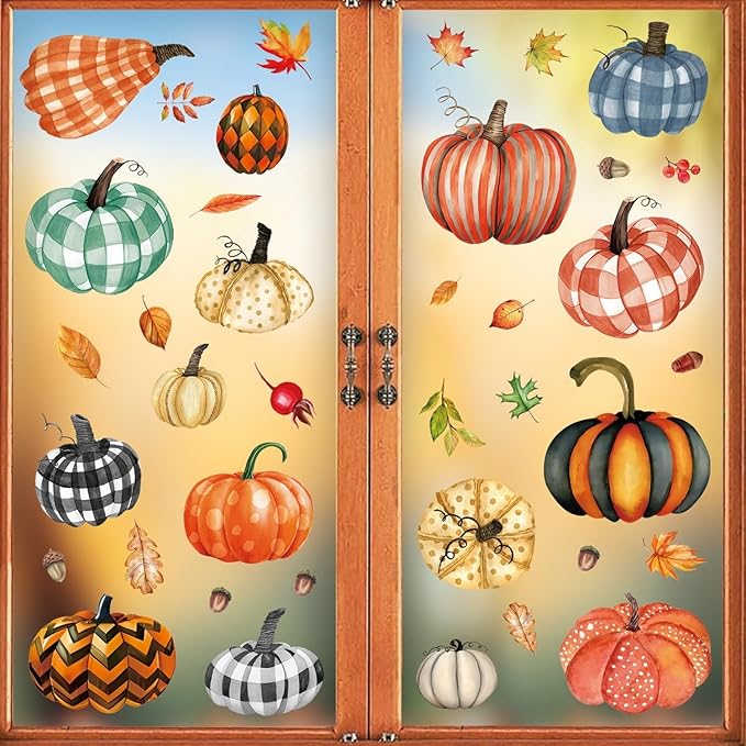 6 Sheets Pumpkin Window Stickers Thanksgiving Window Clings Double-Sided Fall Leaves Window Stickers Decor Autumn Window Clings for Glass Windows Holiday Home Kitchen Office Decorations DIY Supply
