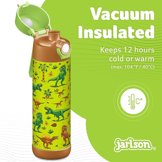 Jarlson® Mali Children's Water Bottle, Thermal Stainless Steel Water Bottle, BPA-Free, Leak-Proof, Children's Bottle with Chug Lid, Bottle for School, Nursery (Dinosaurs, 500 ml)