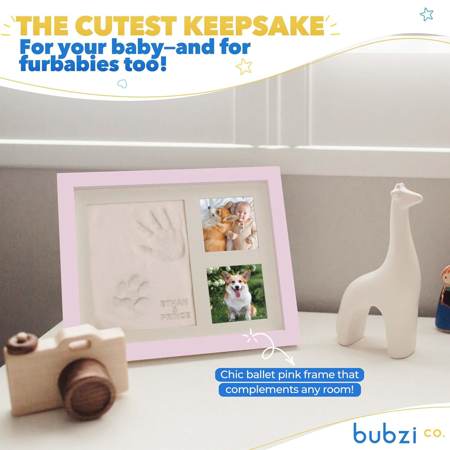 Bubzi Co Footprint & Handprint Keepsake Frame, Baby Memory Display, Nursery Decor, Baby Registry Must-Have, New Parent Gift (Ballet Pink)