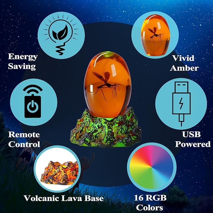 Jurassic 3D Mosquito in Amber Resin, Mosquito Resin with Volcanic Lava Lamp Base with Remote 16 Colors Flshing RGB Dimmmable, True 3D 3.3 Inches Tall Dinosaur DNA Replica Paper Weight Gifts