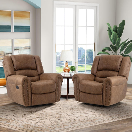 CANMOV Leather Recliner Chair Set of 2, Classic and Traditional Manual Recliner Chair with Comfortable Arms and Back,Manual Single Recliner Sofa for Living Room, Camel