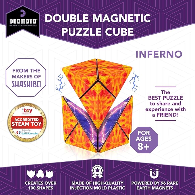 Duomoto Magnetic Transforming Cube - Shape Shifting Double Creativity Puzzle w/ 96 Rare Earth Magnets - Transforms Into Over 100 Shapes - by Fun in Motion Toys - Creators of Shashibo & Cubendi