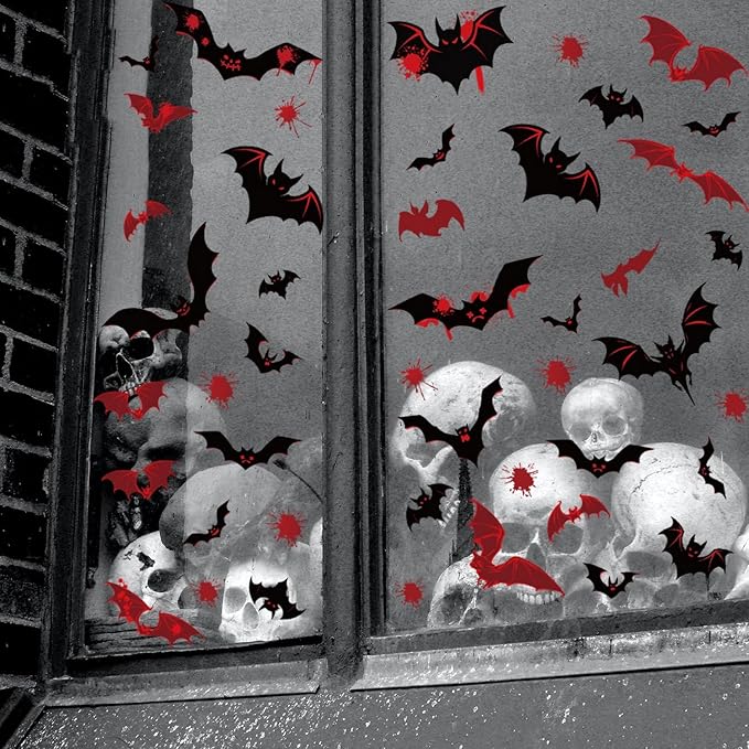 9 Sheets Halloween Window Stickers Clings Double-Sided Window Decals Black & Red Bats Designs Scary Blood Bat Windows Stickers for Spooky Halloween Party Supplies Glass Decoration