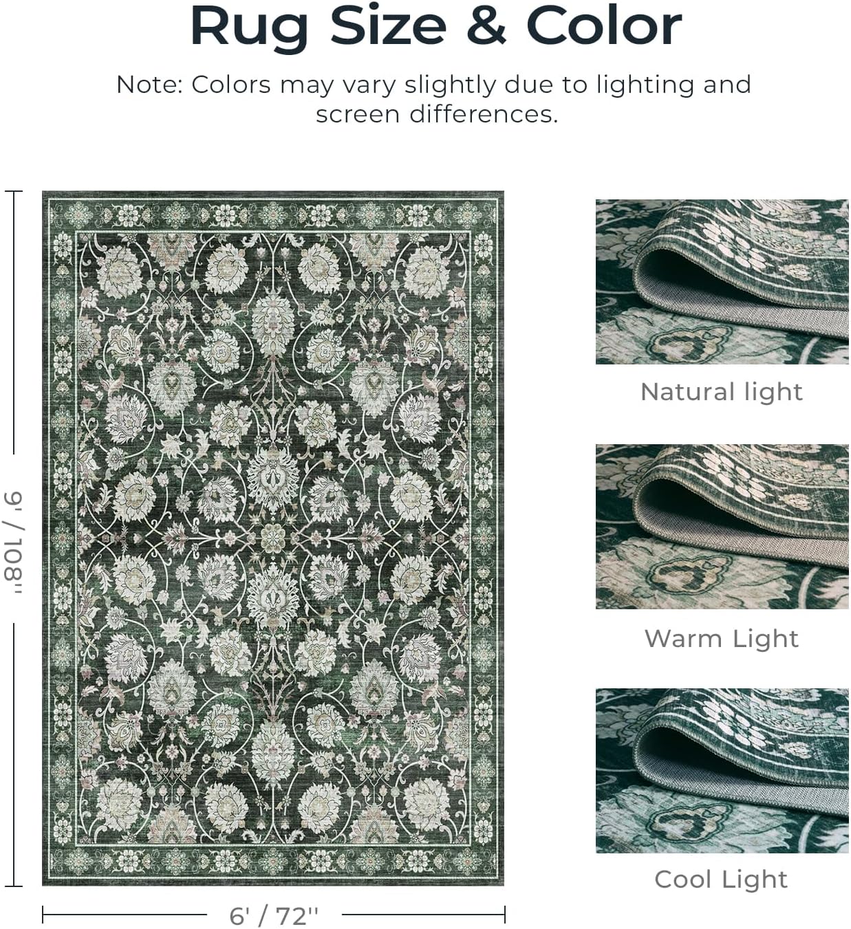 6x9 Area Rug for Living Room & Bedroom, Washable Non-Slip Floral Rugs, Soft Vintage Carpet, Low Pile Wool Carpets for Indoor Dining Home Office Playroom Under Table, Modern Decor, Dark Green