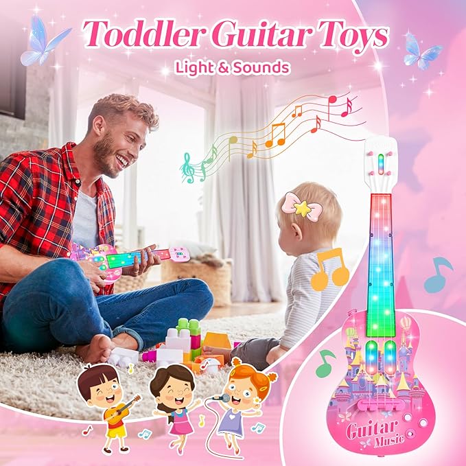 Kids Guitar and Microphone Playset, Musical Guitar Play Set with Adjustable Stand,Toy Guitar Starter Kit with 4 Strings, Electric Guitar Karaoke Toys with Music Lights for Boys Girls