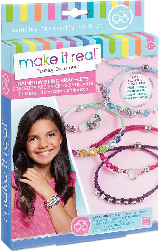 Make It Real: Rainbow Bling Bracelets Kit - Create 5 Unique Cord Charm Bracelets, 82 Pieces, Includes Play Tray, All-in-One, DIY Kit, Tweens & Girls, Arts & Crafts, Kids Ages 8+