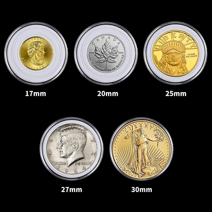 100Pcs 30mm Coin Holders with 5-Size Foam Gasket, Plastic Coin Capsules for Collectors, Clear Coin Case with Storage Organizer Box for Coin Collection Supplies, White Gasket 17/20/25/27/30mm