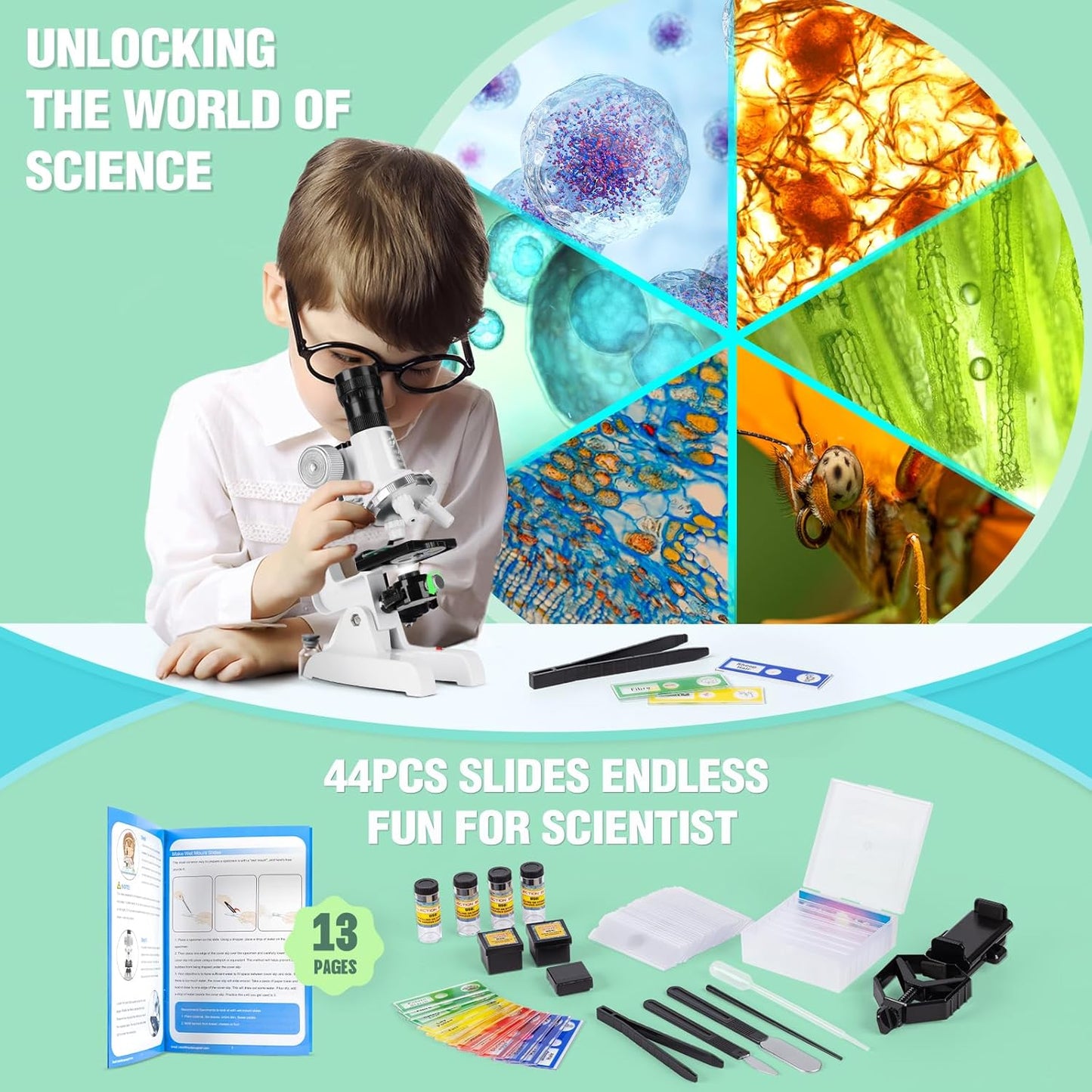 Kids Beginner Microscope Science Kit with 100X-1200X, 13 Prepared Slides & DIY Blank Slides, 18MM HD Len, LED Light Adjustable and ABS Box, Microscope for Kids 5-7 8-12