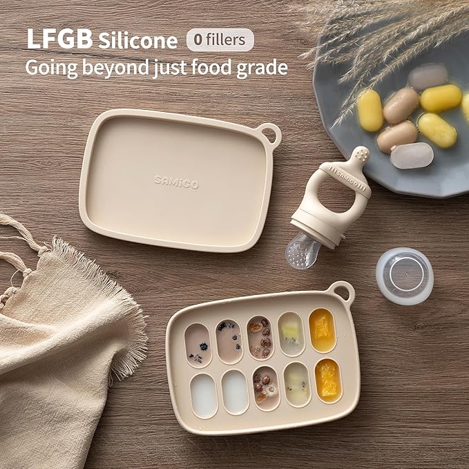 SAMiGO Baby Food Fruit Feeder and Breastmilk Popsicle Mold Set, Silicone Fruit Teether, Food Feeder Pacifier for Teething Relief, Freezer Tray, Baby Feeding Essentials, 4 Months+