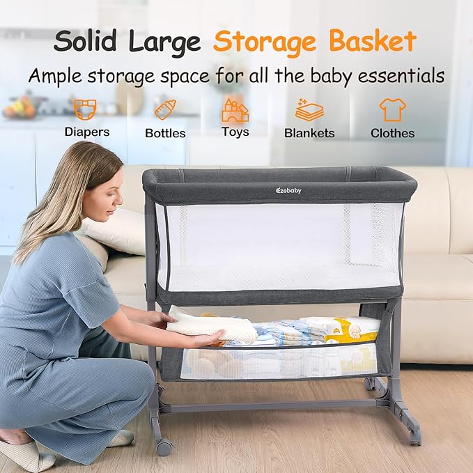 Ezebaby Bedside Bassinet for Baby, Portable Baby Bassinet Bedside Sleeper for Newborn Infants with Wheels Storage Basket, Adjustable 7 Heights and All Mesh Sides