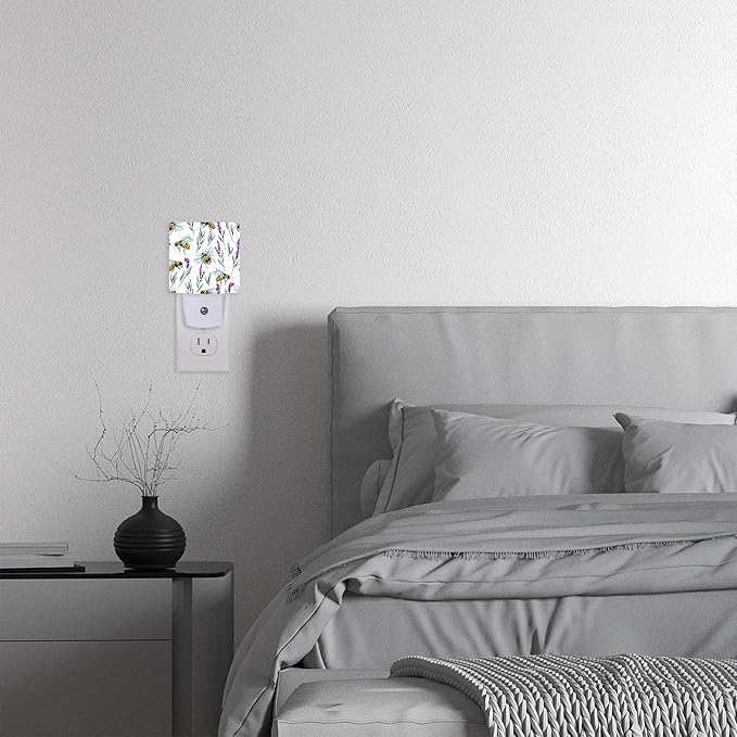 Night Light With Bees and Lavender Flowers - Dusk to Dawn Sensor for Kids, Girls, Boys, Women, Men - Room Decor for Hallway, Kitchen, Bathroom, Nursery, Stairs