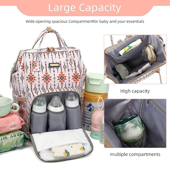 Diaper Bag Backpack, Diaper Bags for Baby Girls Boys, Baby Bags for Moms Dads, Nappy Changing Bag with Insulated Pockets,Multi-functional Waterproof Backpack with Stroller straps-Tribal Orange