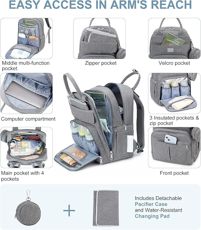 MOONBABY Diaper Bag Backpack, Baby Diaper Bags with Portable Changing Pad and Pacifier Case, Multifunctional Travel Diaper Backpacks, Unisex Baby Bags, Grey