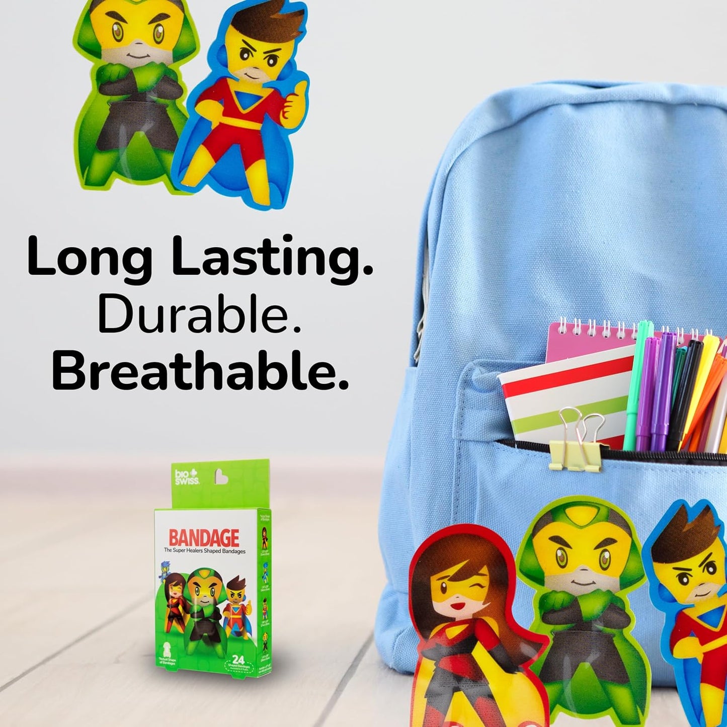 BioSwiss Bandages, Super Healers Superhero Shaped Self Adhesive Bandage, Latex Free Sterile Wound Care, Fun First Aid Kit Supplies for Kids and Adults, 24 Count