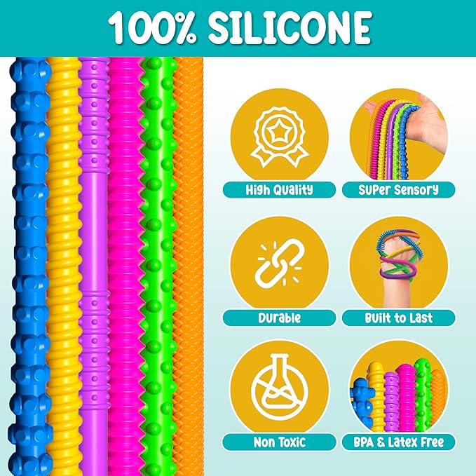 BunMo Silicone Stretchy Strings Sensory Toy – 6 Pack Fidget Worm Toy Set | Sensory Noodles for Kids | Bright, Textured, Fun Stretchy Noodles Fidget Toy for Tactile Play | Worm Toys for Fall Fun
