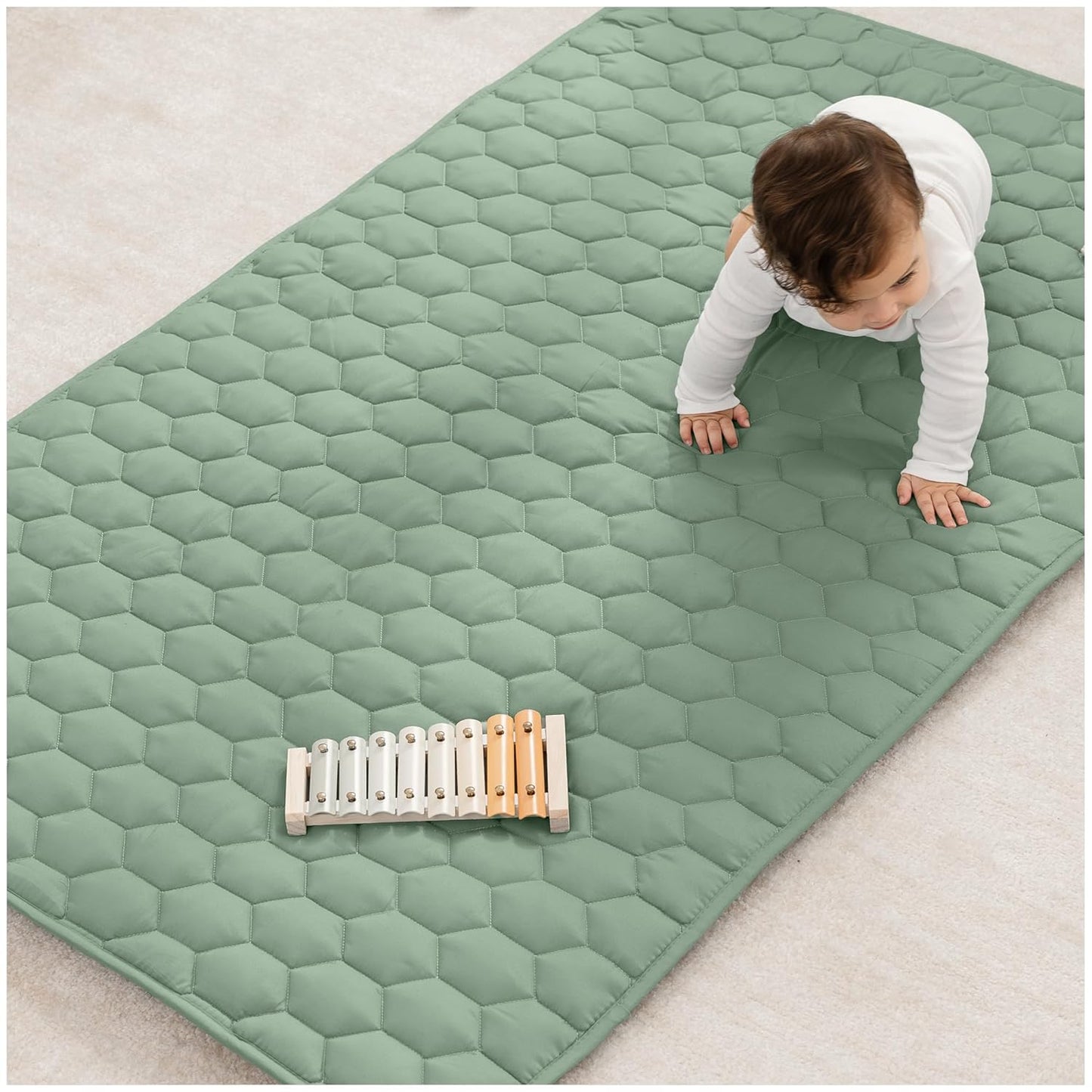 Comfy Cubs Rectangle Kids Play Mat - Small 36 x 60 inches Soft Quilted Baby Floor Mat with Non-Slip Bottom - Plush Design for Toddlers' Playtime and Relaxation - Comfortable and Durable - Fern