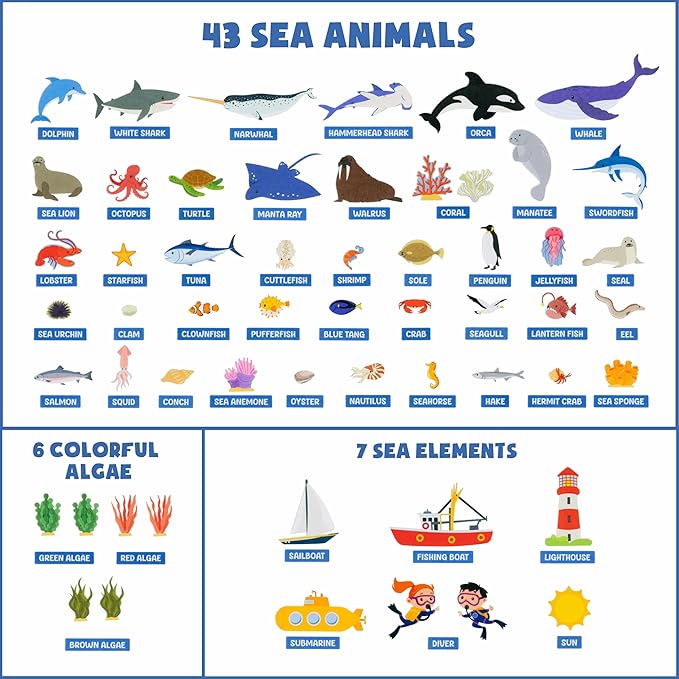 BONNYCO Felt Board for Toddlers with 107 Sea Animals Figures. Montessori and Sensory Toys, Birthday Gifts for Kids 3-8 Years Old. Educational Games, Learning Activities, Christmas