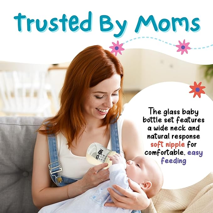 Glass Baby Bottles Anti Colic Set 2 Pack 3oz and 6oz BPA Free Heat Resistant Borosilicate Glass with 3 Silicone Nipples Wide Neck Gift Box Baby Shower Easy to Sterilize for Newborn Infant 0-9 Months