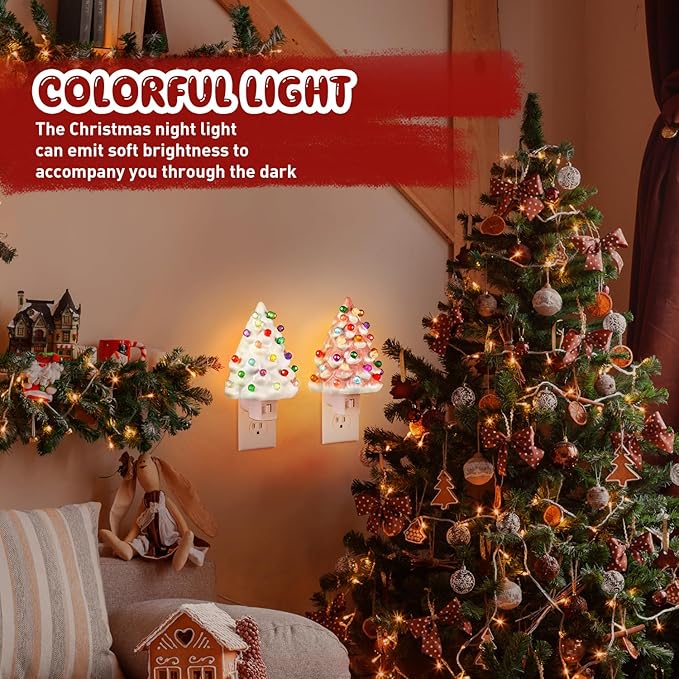 Tfro & Cile Ceramic Christmas Tree Night Light 2 Pack Xmas Decorative Tree Lamp Small Vintage Light Up Bathroom Decor with On/Off Switch for Home Bedroom