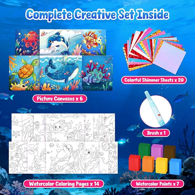 JoyCat Paint with Water Coloring Books, Art & Craft Activity, No Mess Art for Kids Ages 4-8, Craft Kits & Supplies, DIY Creative Activity, Presents for Girls & Boys (Sea Animals)