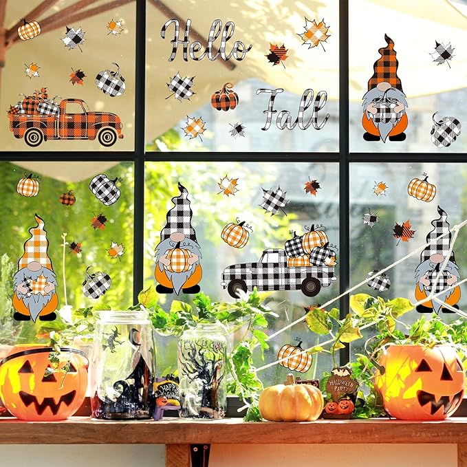 Whaline 9 Sheet Fall Halloween Window Clings Plaid Gnome Pumpkin Truck Maple Leaf Reusable Window Decals for Autumn Thanksgiving Harvest Party Home School Decor