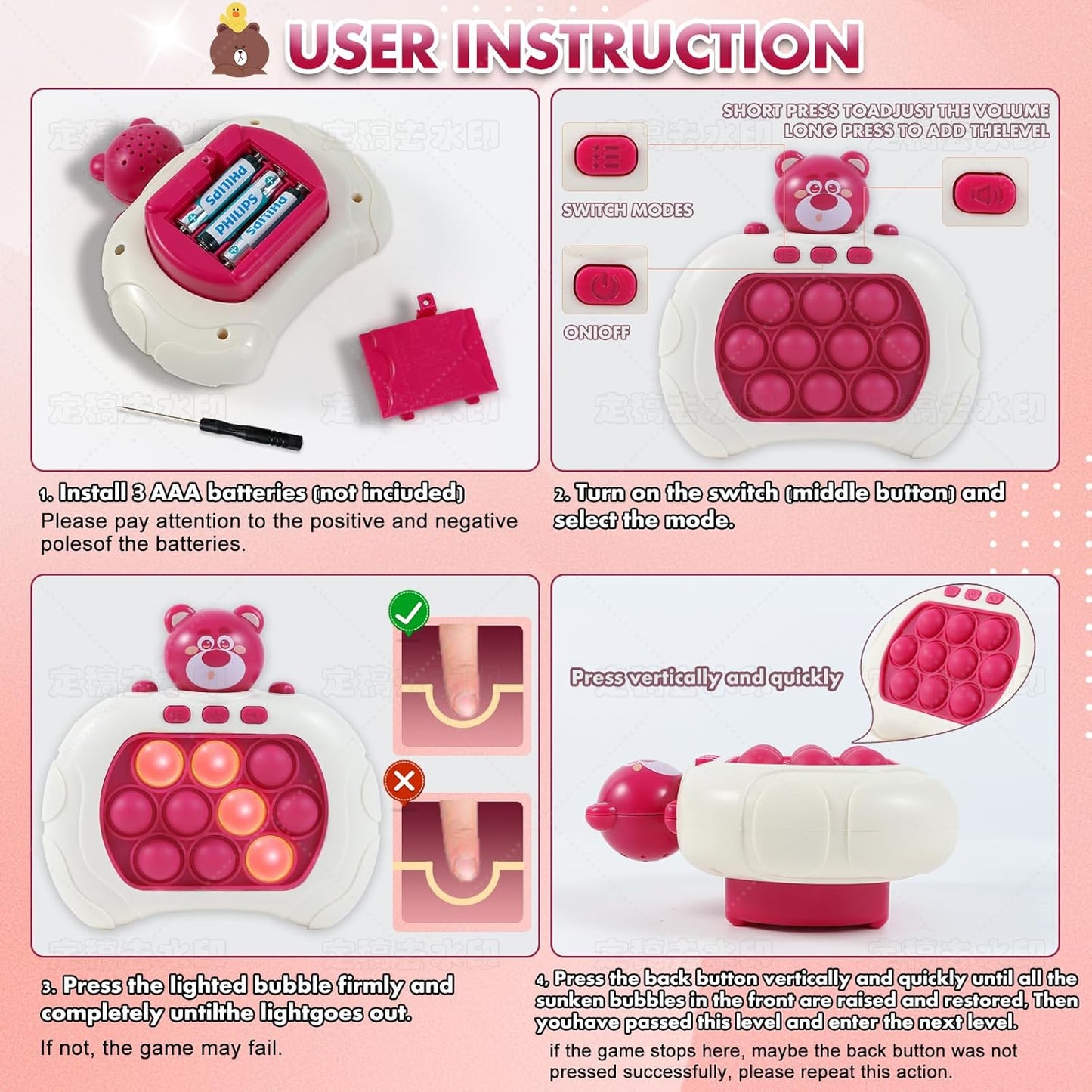 Pop Fidget Toys Handheld Game for Teens, Push Bubble Light up Puzzle Game Machine & Best Gifts for Kids, Quick Push Games Educational Sensory Toys, Stress Relief Party Favors Toy Age 3-12(Bear-S)