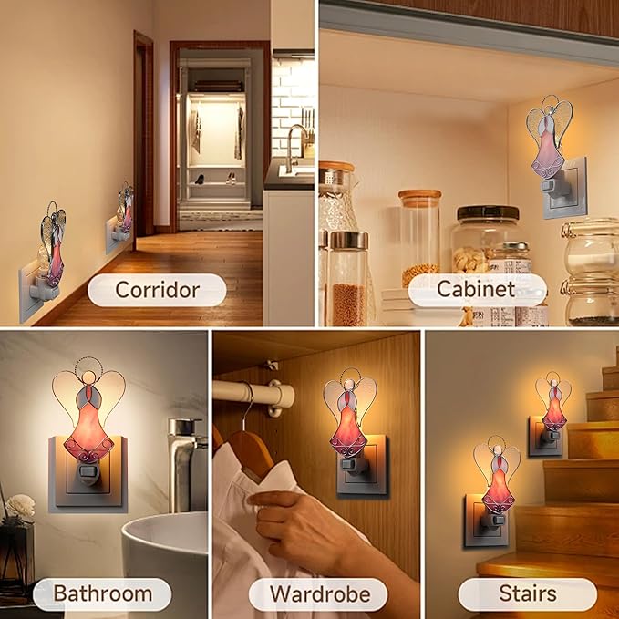 Night Lights Plug Into Wall Stained Glass 7W Plug in Night Light Dusk to Dawn 3000K Warm White Nightlight Switch-On/Off for Adult Kids Room Bathroom Hallway Kitchen Non-Dim (Pink Angel 5" H)