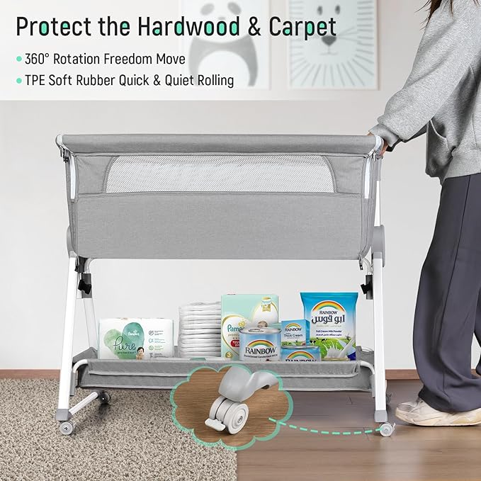 Cowiewie Bassinet Bedside Sleeper, Baby Bassinet with 7 Adjustable Height, Bedside Bassinet for Baby with Storage, Breathable Mesh & Mattress, Portable Bassinet Easy Folding (Grey and White)