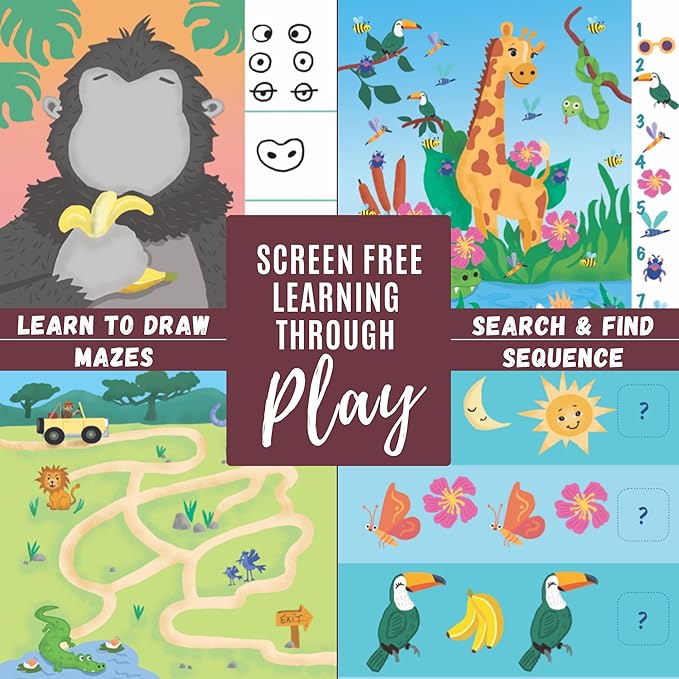 Totebook Kids Travel Educational Activity Book with Washable Markers - Car and Airplane Activities, Learning Toys for Toddlers- Search and Find, Reusable Stickers for Ages 4, 5, 6 (Jungle)