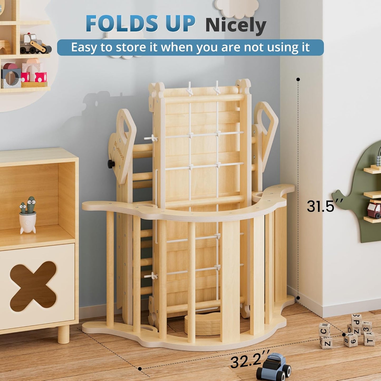 BlueWood 10-in-1 Pikler Triangle Set, Toddler Climbing Toys Indoor, Montessori Climber, Baby Jungle Gyms with Arch, Extra Rope Ladder & Footprint Balance Beam - Natural Rustic