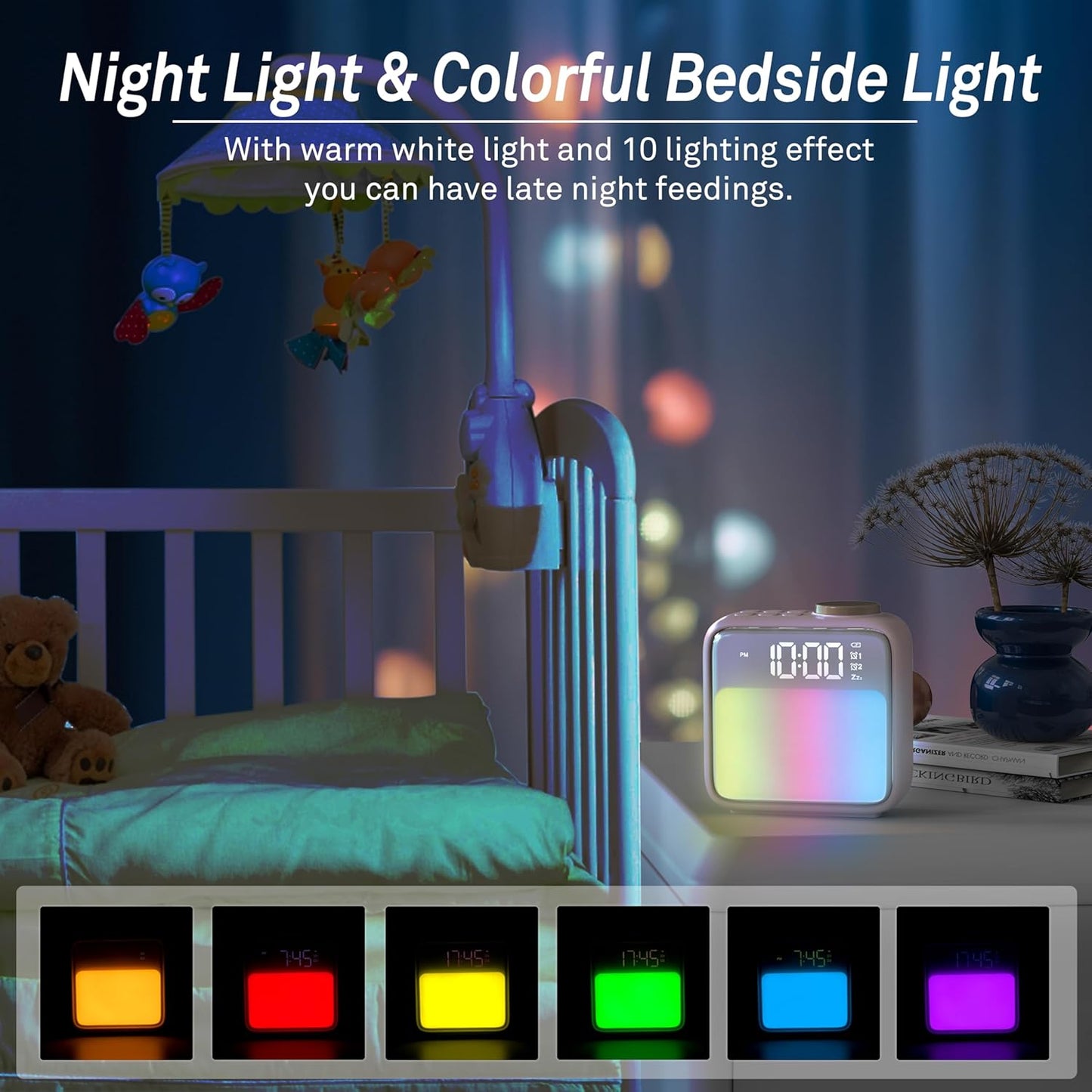 AIRIVO Alarm Clock Night Lights, Rechargeable Alarm Clock for Bedrooms, 6 Scenes & White Noise Sync, Dual Alarms & Snooze, for Heavy Sleepers, Gifts for Kids Teens (Pink)