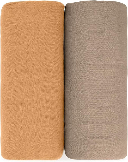 Comfy Cubs Muslin Swaddle Blankets Pack of 2 - 47 x 47 Inch Soft Cotton Baby Blanket Set, Large Multipurpose Wraps for Newborns - Self-Soothing Swaddles for Newborns - Cedar & Caramel