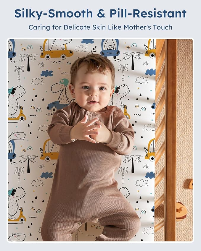 Pack and Play Sheets Fitted 3 Pack, Mini Crib Sheets for Pack N Play Mattress Stretchy Portable Playard Sheets, Soft Breathable Grey & Blue Car