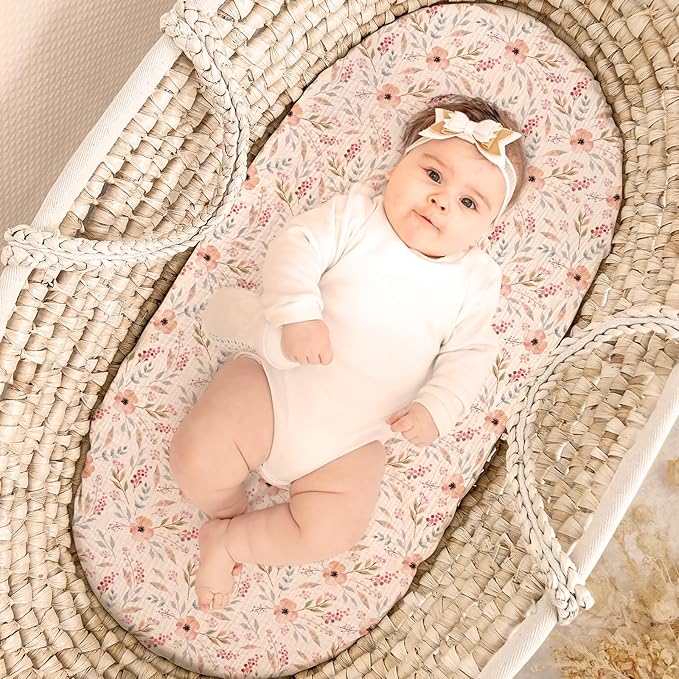 lulumoon Baby Muslin Bassinet Sheets: Skin-Friendly Floral Bassinet Sheets for Girls - Fitted for Oval Rectangle or Hourglass Mattress