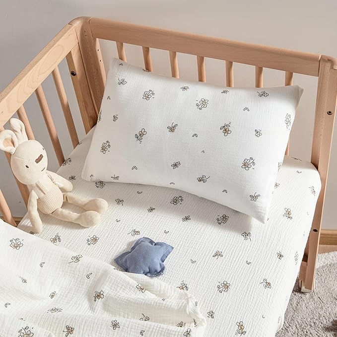 JELLYMONI 2 Pack Muslin Toddler Pillowcase for 13x18 Pillow, 100% Cotton Baby Pillow Case Cover for Bed, Toddler Cot and Travel, Soft & Breathable Baby Kids Envelope Pillowcase, No Pillow