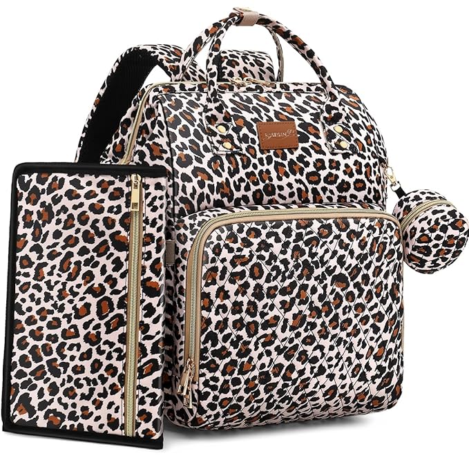 Diaper Bag Backpack with Changing Pad, Pacifier Case, Baby Bag for Boy Girl Toddler - Large, Stylish, Waterproof Travel Quilted Diaper Bag for Mom - Baby Shower - Cheetah